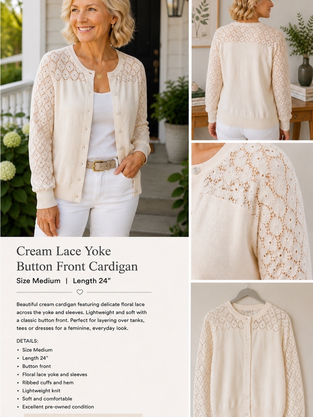 Women's Cream Lace Yoke Button-Front Cardigan